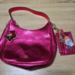 DKNY Metallic Pink Shoulder Bag with Matching Wallet Keychain and Charms